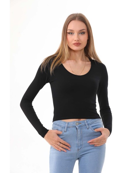 Kadın Crop Pamuklu V Yaka T-Shirt -Siyah indirimleri