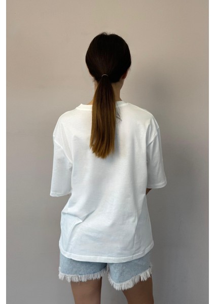 Kadın Oversize Tişört-Beyaz