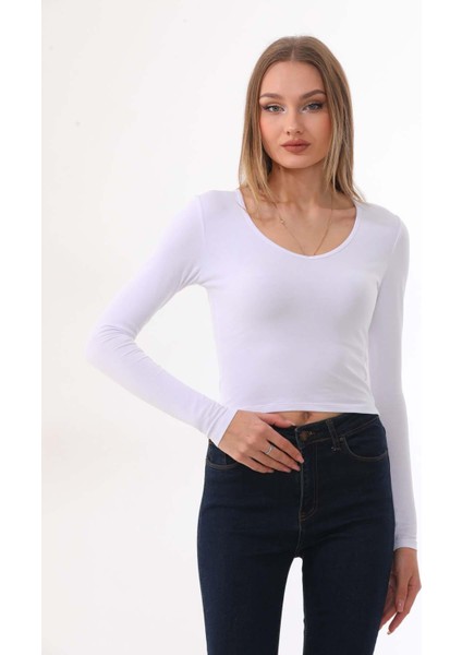 Kadın Crop Pamuklu V Yaka T-Shirt -Beyaz indirimleri