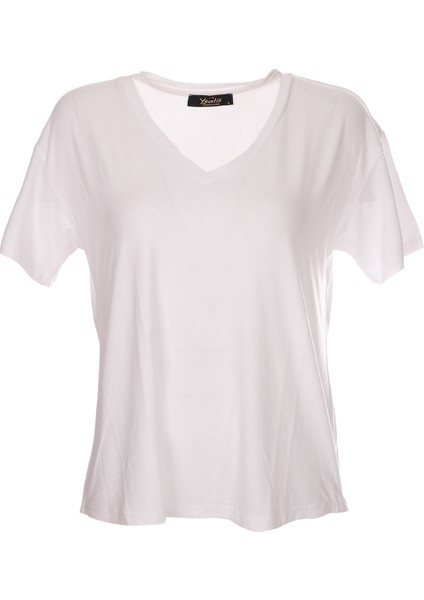 Ysatis V Yaka Oversize Minimalist Kadın Bluz - Kısa Kol - Günlük