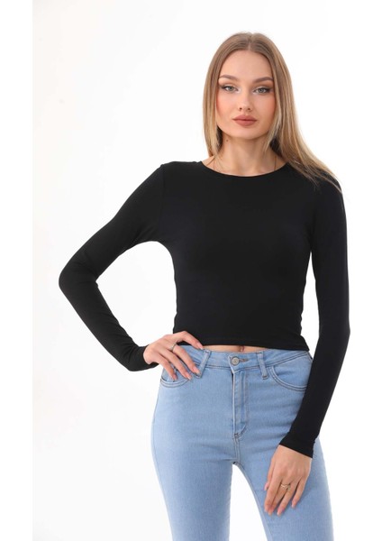 Kadın Crop Pamuklu Basiç T-Shirt -Siyah