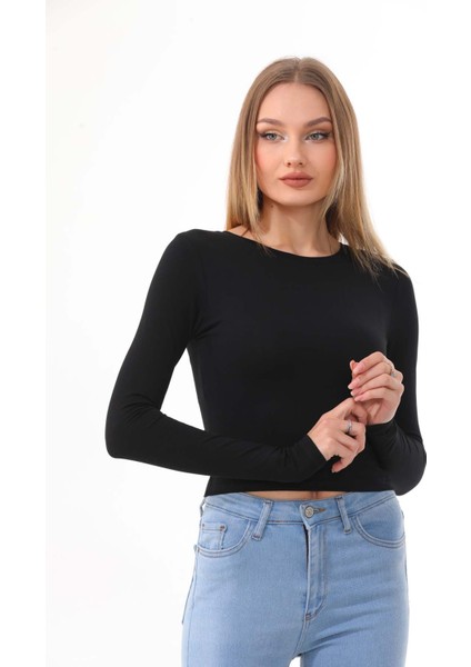 Kadın Crop Pamuklu Basiç T-Shirt -Siyah indirimleri