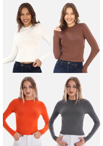 Likralı Pamuk Tişört-Slim Fit 4'lü Satış-Krem-Açık Kahve-Turuncu-Füme