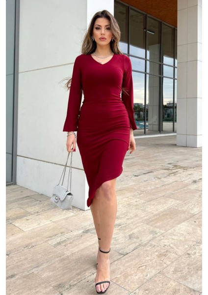 Kadın Asimetrik Uzun Elbise-Bordo