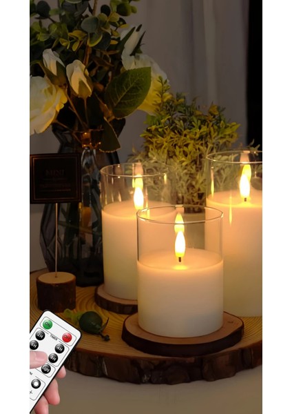 Alevsiz LED Mum Uzaktan Kumandalı Pilli Şeffaf Üçlü Mum Seti - 7,5*10-12 Cm, 5*15 cm - ES-754