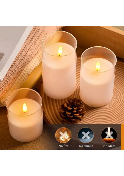 Alevsiz LED Mum Uzaktan Kumandalı Pilli Şeffaf Üçlü Mum Seti - 7,5*10-12 Cm, 5*15 cm - ES-754 modelleri