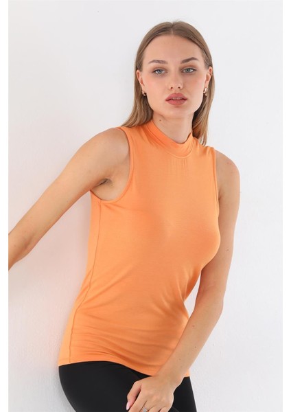 Kadın Viscon Kolsuz Tişört-Muskmelon Oranj