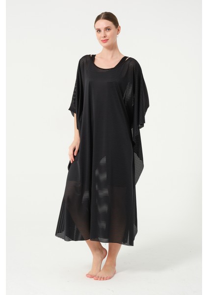 Kadın Çizgi Desenli Kemerli Şifon Pareo - 2635-25 Siyah