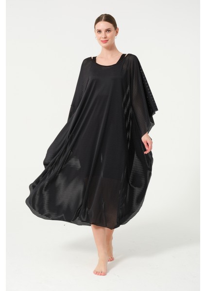 Kadın Çizgi Desenli Kemerli Şifon Pareo - 2635-25 Siyah modelleri