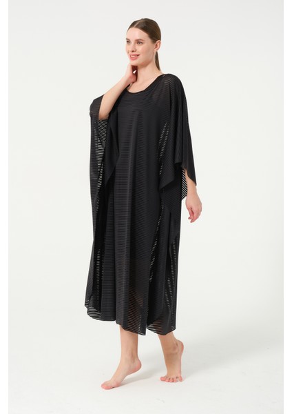 Kadın Çizgi Desenli Kemerli Şifon Pareo - 2635-25 Siyah fırsatları