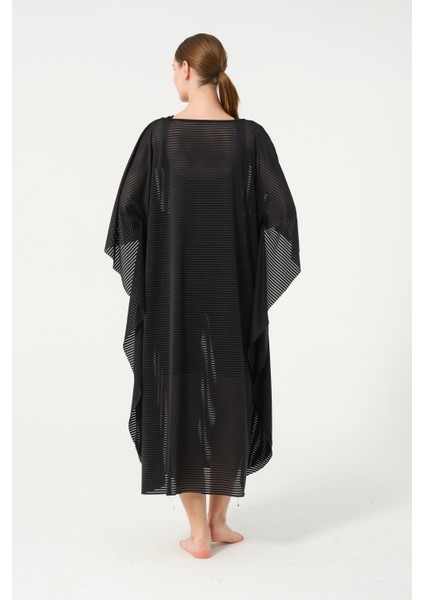 Kadın Çizgi Desenli Kemerli Şifon Pareo - 2635-25 Siyah indirimleri
