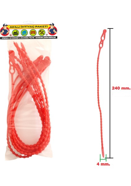 Boncuk Plastık Bağ Kelepce Çift Delikli Kilitli Çözülebilir Kırmızı 4MMX240MM (10 Adet)