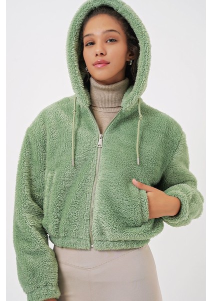 5193 Kapüşonlu Peluş Crop Ceket - E.yeşil