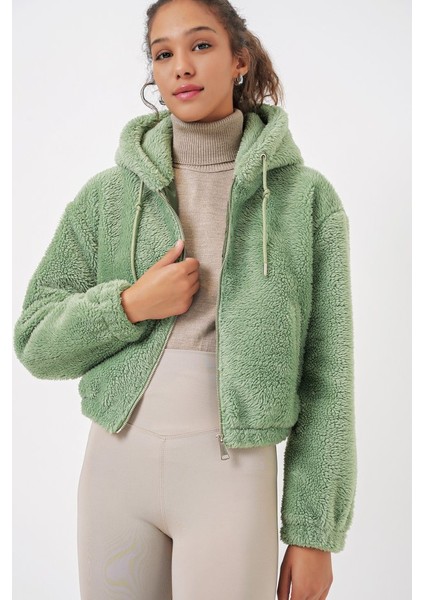 5193 Kapüşonlu Peluş Crop Ceket - E.yeşil