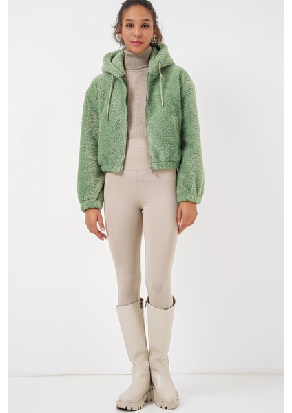 5193 Kapüşonlu Peluş Crop Ceket - E.yeşil