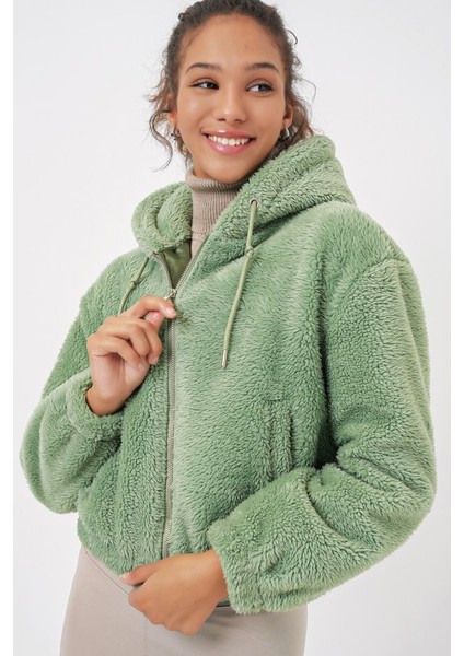 5193 Kapüşonlu Peluş Crop Ceket - E.yeşil