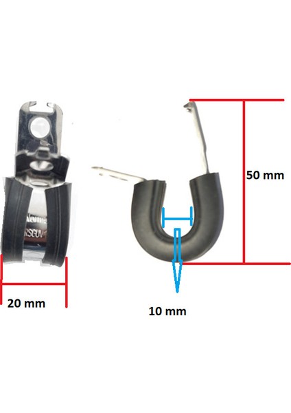 Klıps Lastikli Paslanmaz Kelepçe Boy 50MM Genişlik 20MM Kavrama Çapı 10MM