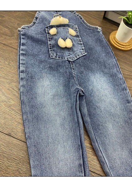 Peluş Oyuncaklı Unisex Bebek Kot Salopet - Askılı Cepli Tulum