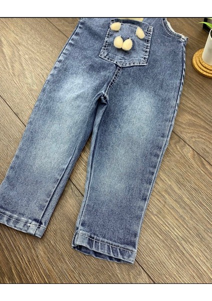 Peluş Oyuncaklı Unisex Bebek Kot Salopet - Askılı Cepli Tulum