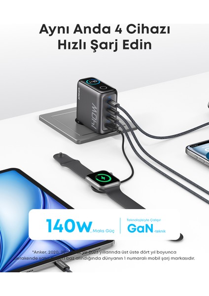 140W, 4-Port 3xusb-C 1x Usb-A, Pd 3.1 Hızlı Şarj Cihazı Koyu Gri- A2697 (Anker Türkiye Garantili)