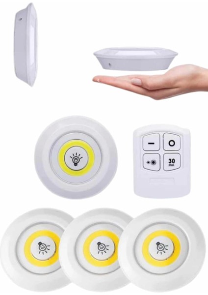 Yapışkanlı 3'lü Spot LED Işık Lamba Montajsız Pilli Uzaktan Kumandalı