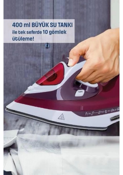 Yeni Nesil Kırmızı Buharlı Ütü 2200 Watt Seramik Tabanlı Yüksek Buhar Gücü