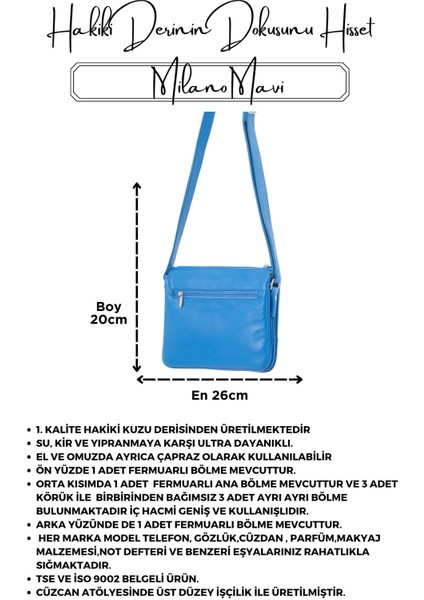 Milano Mavi 3 Gözlü Hakiki Deri Kadın Çapraz Omuz Çantası