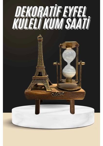 Retro Eyfel Kulesi ve Kum Saati Dekoratif Ahşap Görünümlü Masa Biblosu