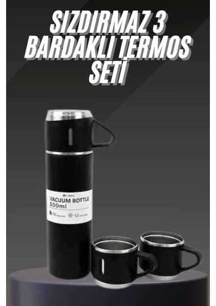 Termos Seti Paslanmaz Çelik 3 Bardaklı Vakumlu Termos Set 500 ml 12 Saate Kadar Isı Koruma