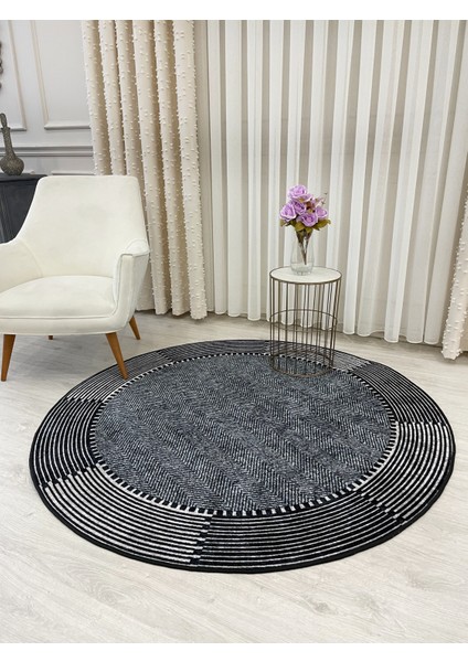 Gri-Siyah Jüt Sisal Görünüm Kaymaz Taban Yuvarlak Halı