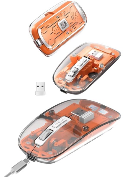 Sessiz Tıklama Çift Modlu Bluetooth ve Alıcı Şeffaf Mouse Fare
