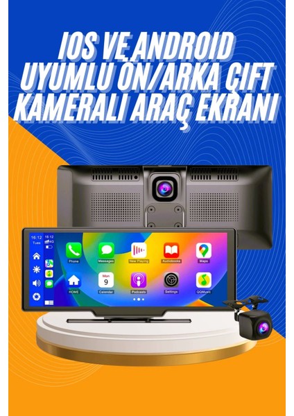 Android ve Ios Uyumlu Ön Arka Çift Kameralı Araç Ekranı Dokunmatik Carplay