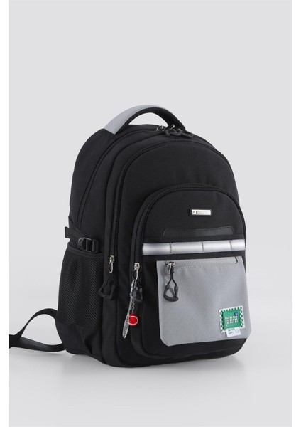 Su Geçirmez Kumaş Çocuk Çok Gözlü Siyah Gri Ortopedik Sırt Okul Çantası (51928)