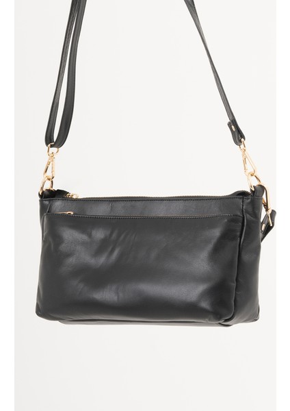 Paris Siyah 3 Fermuarlı Hakiki Deri Kadın Çapraz El ve Omuz Çantası