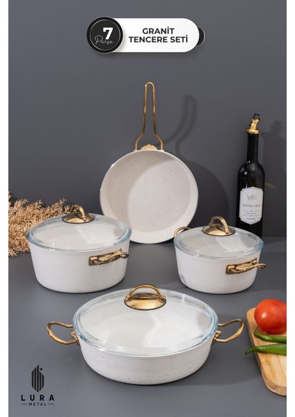 7 Parça Ewx Metal Kulp Beyaz Granit Tencere Seti – 26 cm