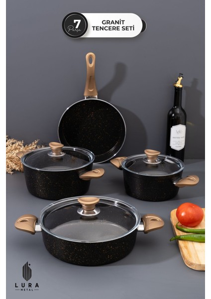 7 Parça Ewx Bakalit Kulp Krem Granit Tencere Seti - 26 cm