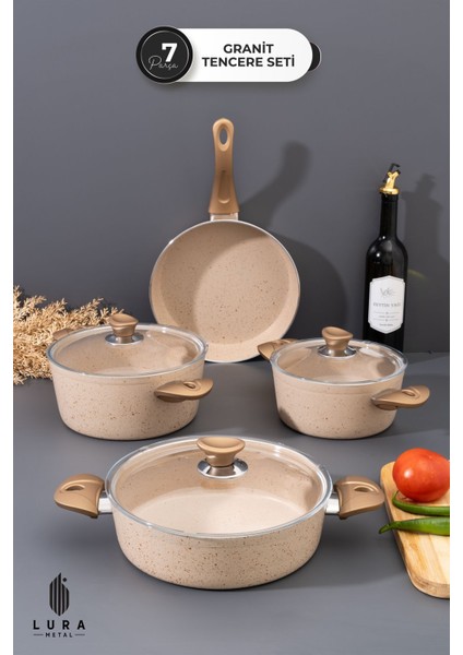 7 Parça Ewx Bakalit Kulp Krem Granit Tencere Seti - 26 cm