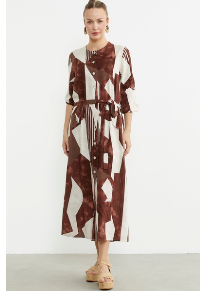 Büyük Beden Geometrik Desenli Uzun Elbise - Kahve