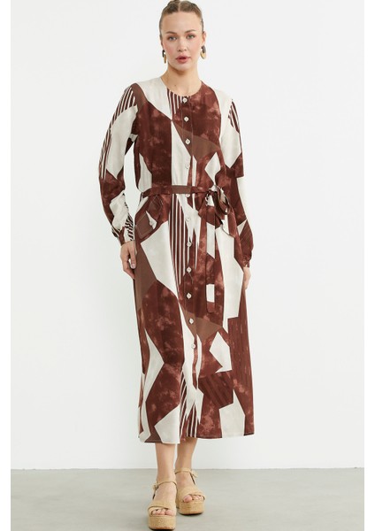 Büyük Beden Geometrik Desenli Uzun Elbise - Kahve fiyatları