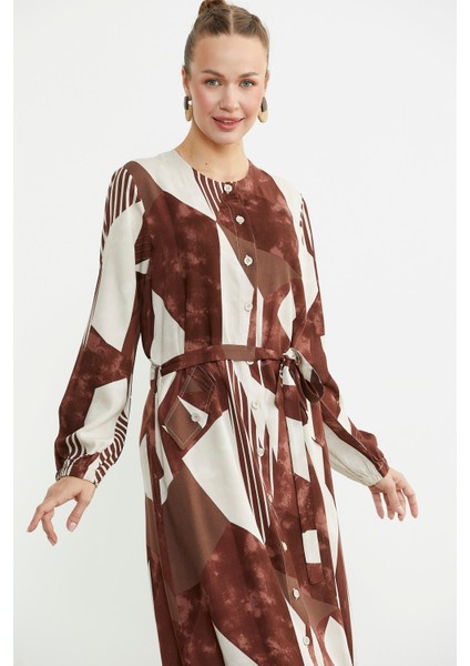 Büyük Beden Geometrik Desenli Uzun Elbise - Kahve modelleri