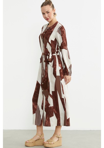 Büyük Beden Geometrik Desenli Uzun Elbise - Kahve indirimleri