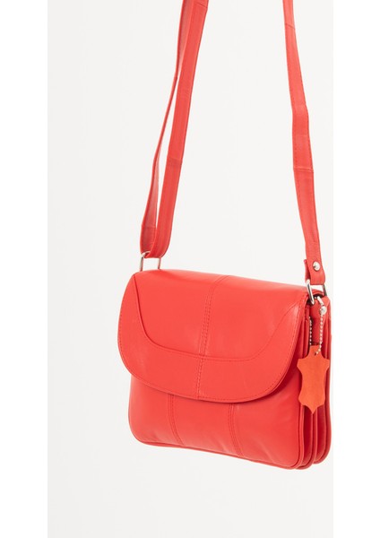 Rose Kırmızı Hakiki Deri 3 Körüklü Kadın Omuz Çantası Çapraz Çanta