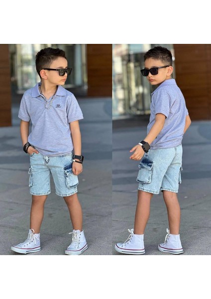 Erkek Çocuk Polo Yaka Kargo Cepli Kot Takım 2302GRİ fiyatları