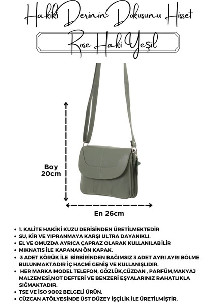 Rose Haki Yeşil Hakiki Deri 3 Körüklü Kadın Omuz Çantası Çapraz Çanta indirimleri