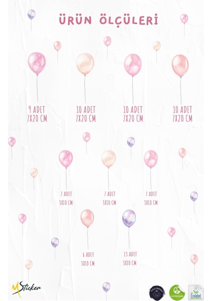 Pembe Tonlarda Balonlar Sticker Seti Çocuk Bebek Odası Duvar Dekorasyon Stickerı Balonlu Set