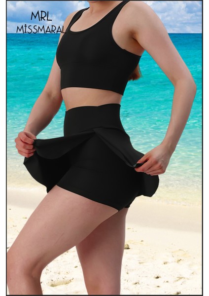 Mini Şort Etek Görünümü Etek Içi Şortlu Cepli Spor Tasarım Tenis Deniz Havuz Fitness SIYAH1107 fiyatları