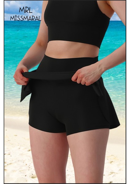 Mini Şort Etek Görünümü Etek Içi Şortlu Cepli Spor Tasarım Tenis Deniz Havuz Fitness SIYAH1107 modelleri
