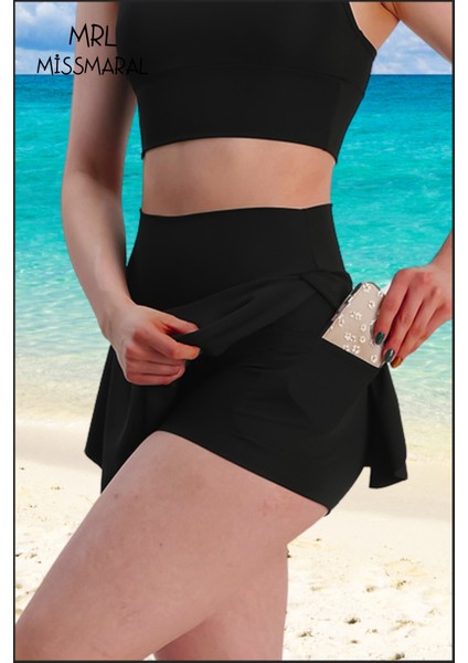 Mini Şort Etek Görünümü Etek Içi Şortlu Cepli Spor Tasarım Tenis Deniz Havuz Fitness SIYAH1107 fırsatları