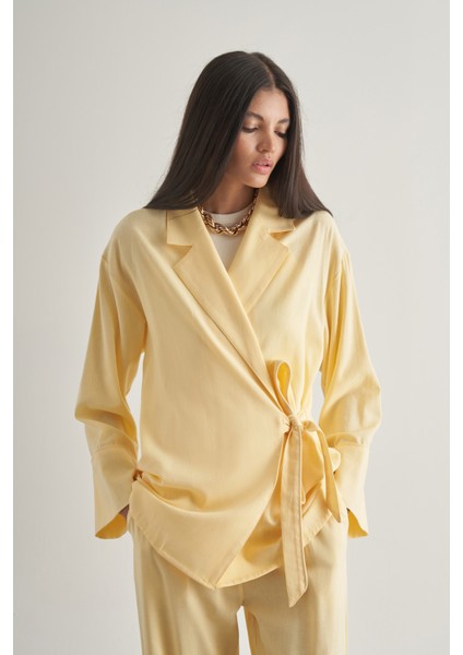 Keten Karışımlı Anvelop Bağlı Sarı Kimono Ceket fiyatları
