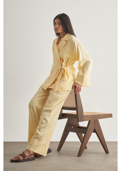 Keten Karışımlı Anvelop Bağlı Sarı Kimono Ceket fırsatları